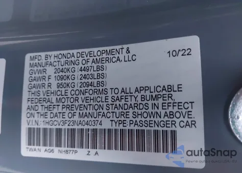 2022 Honda Accord Hybrid Sport from USA, damaged, VIN 1HGCV3F23NA040374